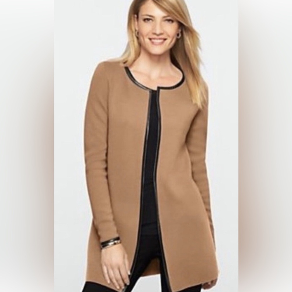 NWT Talbots Merino Wool‎ Faux Leather Trim Cardigan Jacket Camel Brown Women 1X